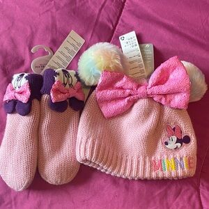 Disney Pink Minnie Mouse Hat and Mittens Set with Bow Girls Size M (7-10)